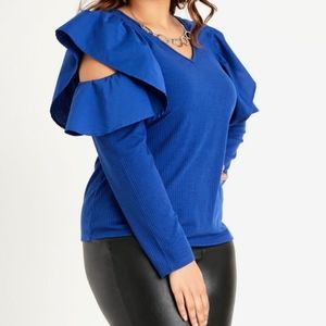 Royal Blue Ruffle Sleeve Ribbed Knit Top